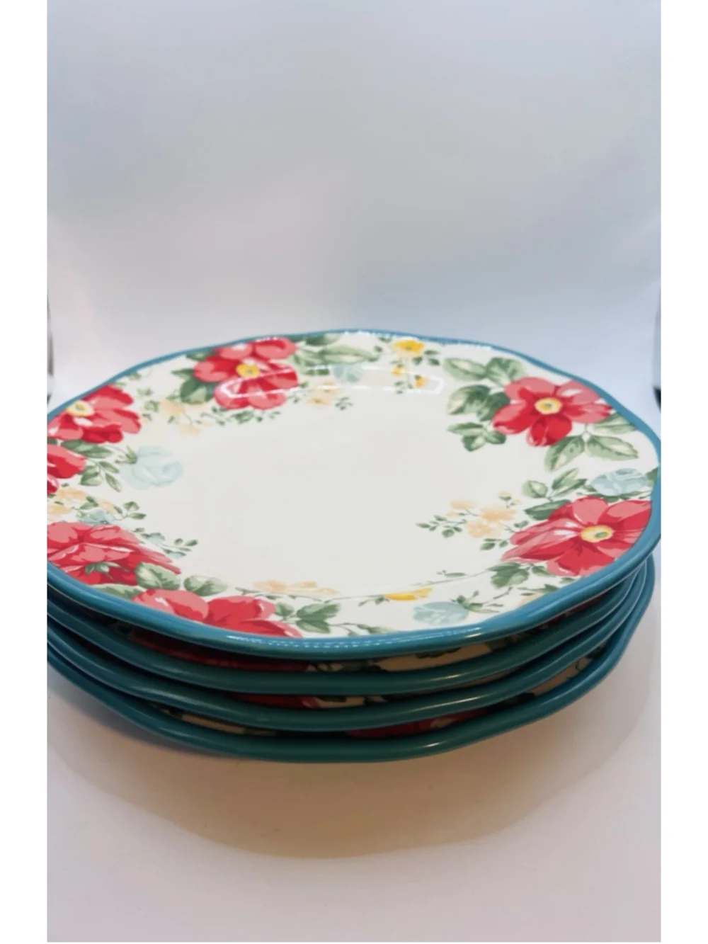 Set of (4) Pioneer Woman Vintage Floral Teal Red Stoneware Dinner Plates 10.5”
